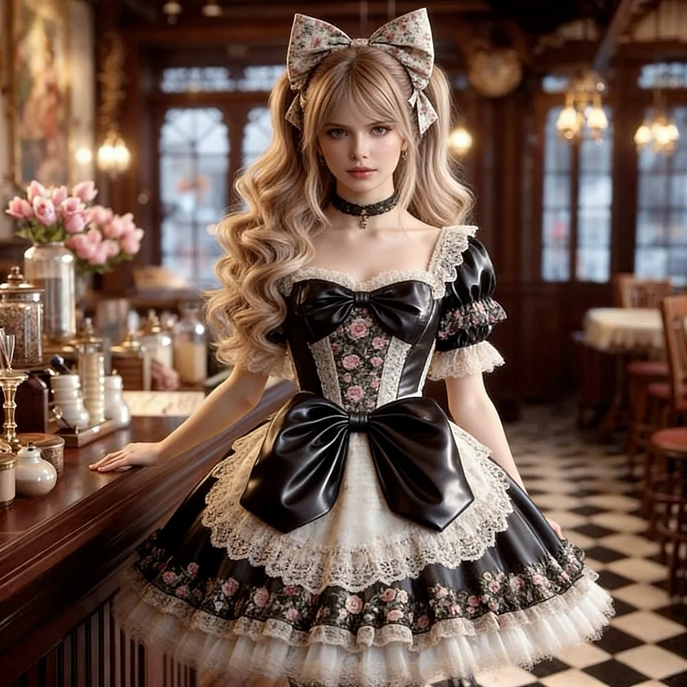 Cosplay Lolita Galajurk Korte Baljurk Zwart En Ivoor Meid Cocktail Party Jurken Boog Bloemen Korte Mouw Kostuum Aangepast
