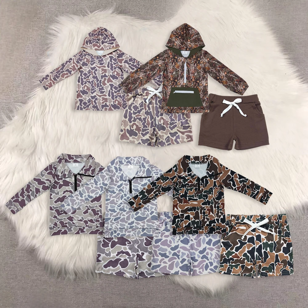 

Sibling Baby Boys Grey Leopard Camo Hooded Long Sleeve Tee with Khaki Camo Pockets Kids Hunting Shorts Set