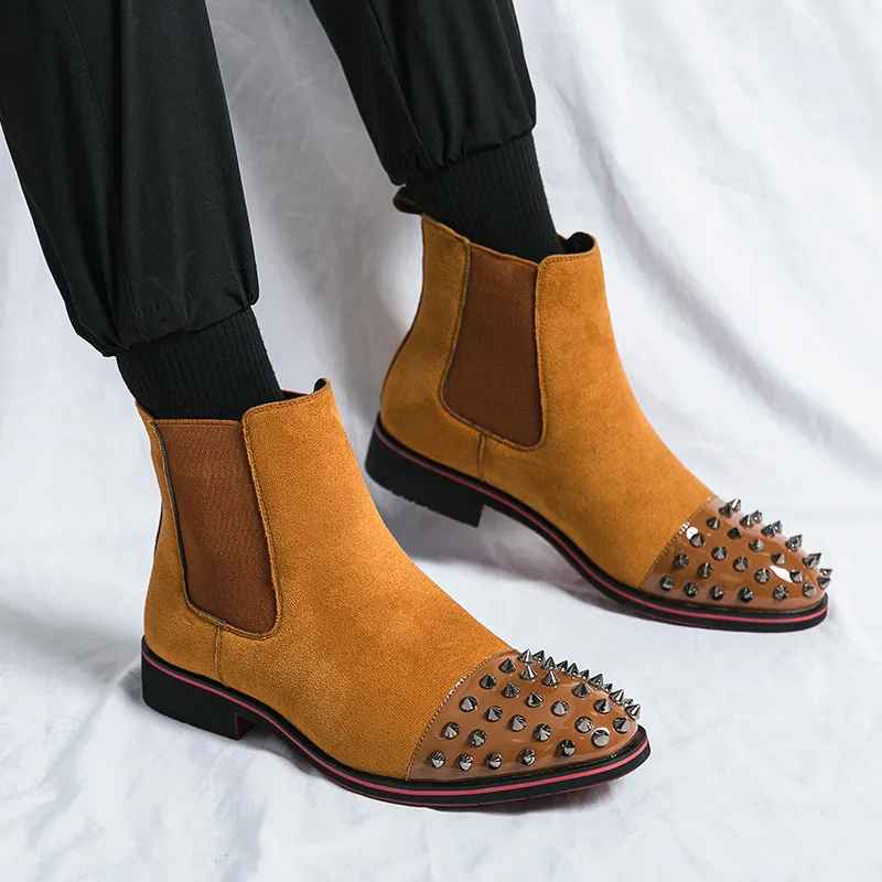 Luxury Rivets Design Men Chelsea Boots Fashion Suede Leather Pointed Ankle Boots for Men High Top Casual Shoes Botines Hombre
