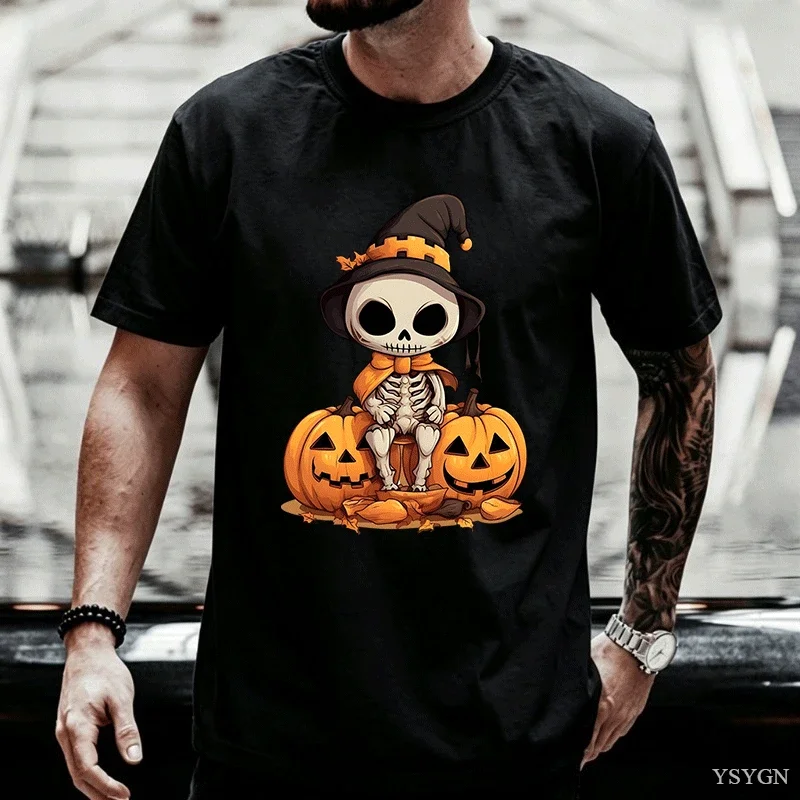 Men Cute Skeleton Witch Hat Pumpkin Halloween T Shirt Cartoon Spooky Holiday Graphic Short Sleeve O Neck Casual Cotton Tops