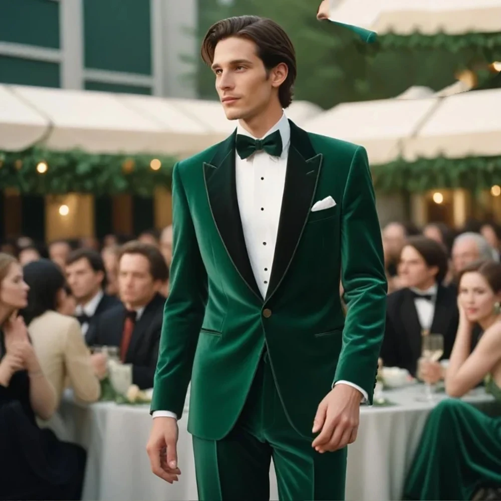 

SILIWEYA Formal Green Men's Suits for Wedding Elegant One-Button Peak Lapel Slim Fit 2 Piece Jacket Pants Sets Costume Homme