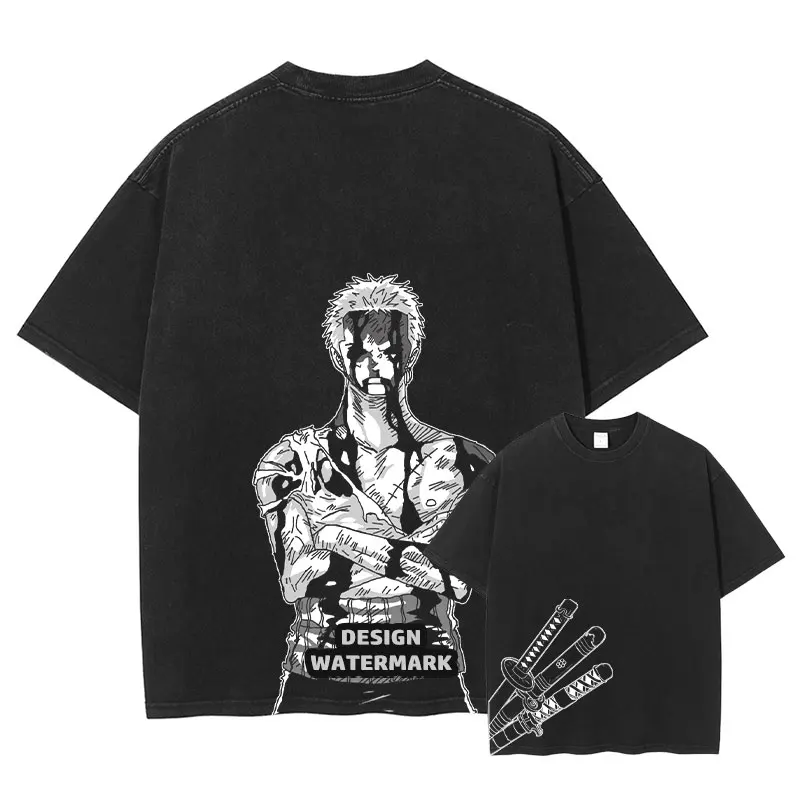 

Roronoa Zoro T-shirts Anime O-One P-Piece Vintage Washed T Shirt Manga Luffy Sanji Law Streetwear Tops Tees Men Girl Cotton