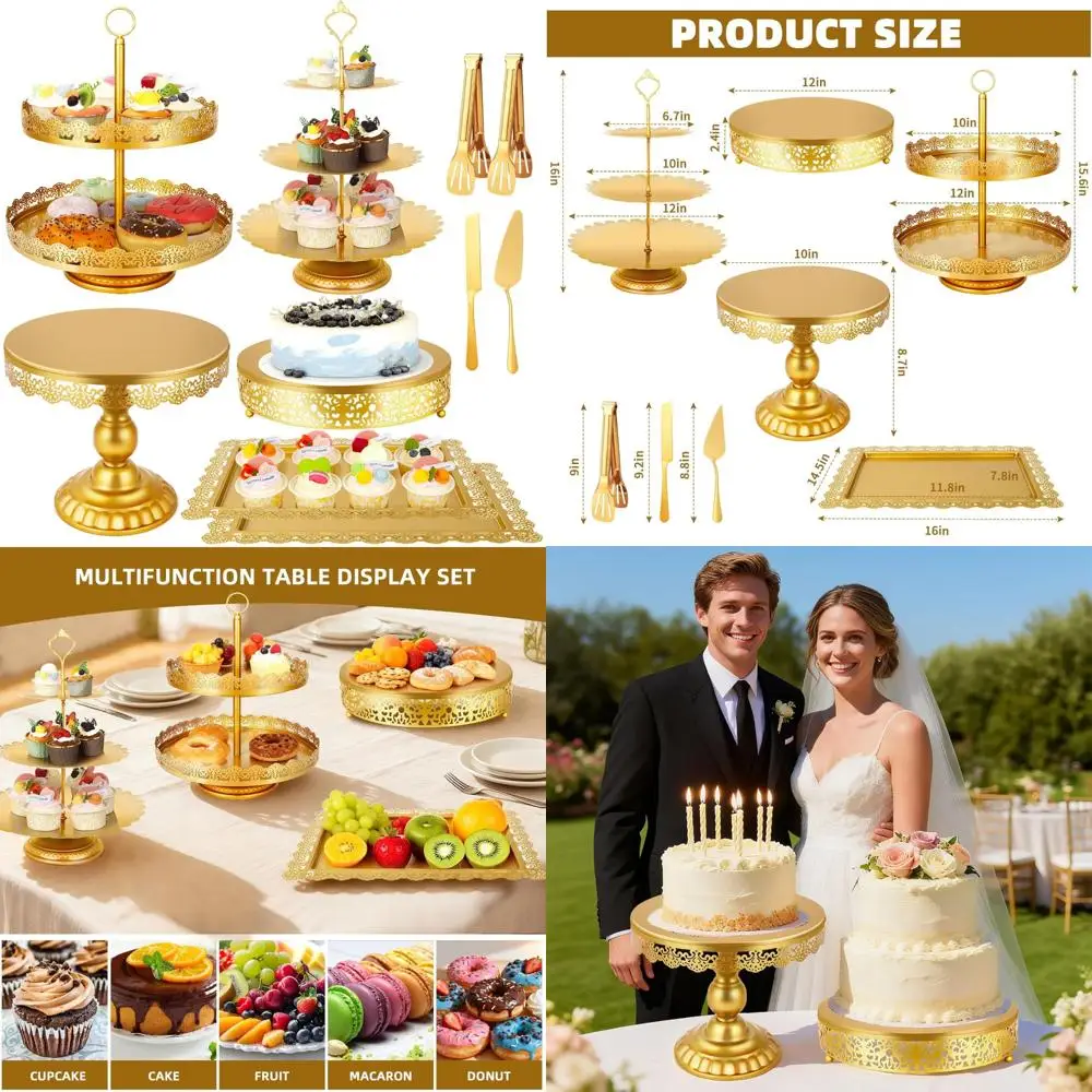 

Gold Cake Stands Set for Party Dessert Displays - 10-Piece Tiered Cupcake, Fruit, Cookie, and Donut Holders