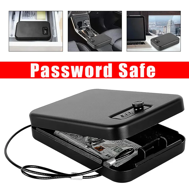 Portable Small Safe Box Travel Lock Storage Cabinet 3-digit Password Case with Security 3Ft Steel Cable for Passport Jewelry