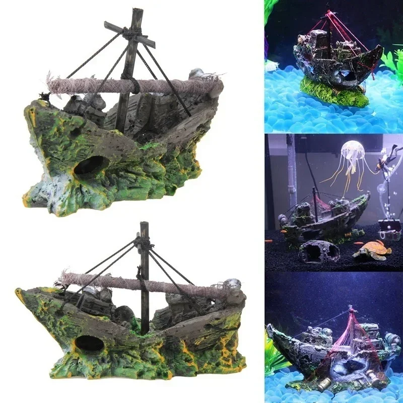 Aquarium Fish Tank Decorations Landscape Pirate Ship Wreck Vintage Resin Design Boat Ornaments Home Accessories Pet Supplies