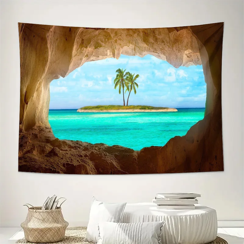 Cave View Tropical Island with Two Palm Trees Turquoise Sea Wall Tapestry Machine Washable All Season Decor Print Home non-toxic