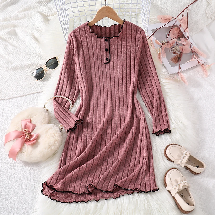 Children's clothing, girls' and teenagers' autumn fashion, casual and comfortable round neck solid color long sleeved dress