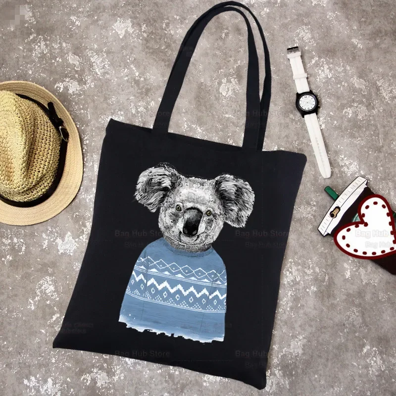 Cute Koala Cartoon Harajuku Canvas Shoulder Bags para mulheres, Ulzzang, preto, branco, grande capacidade, moda casual, bonito, Ulzzang