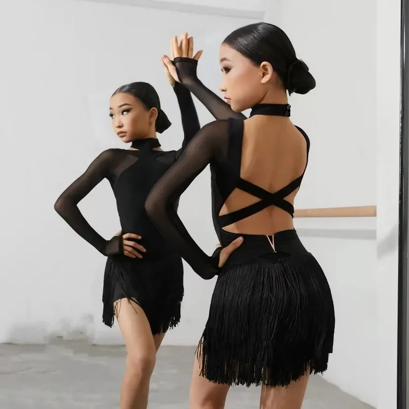 Sangle jupe de danse latine filles vêtements de pratique latine jupes noires irrégulières ChaCha Rumba Costume de danse vêtements de Performance DNV16159