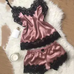 Sexy Spitze Satin Pyjama Sets Frauen Seidig Samt Spitze Strap Weste Top Shorts Nachtwäsche Outfit Nachtwäsche 잠옷 conjuntos de pijama