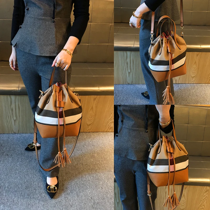 Fashionable Plaid Women Bag Luxury Canvas Barrel Bucket One Shoulder Crossbody Bag Female Designer Purses And Handbag Pouch 2024