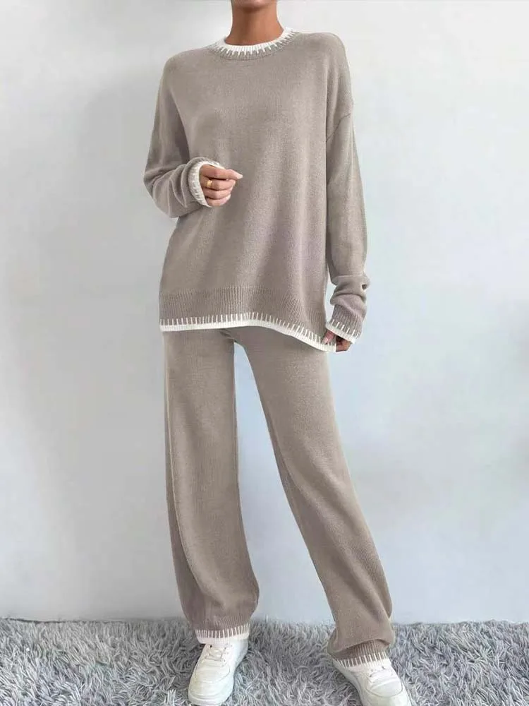 High Quality Color Blocked Pullover Knitted Sweater+Wide Leg Pants Two-Piece Set 2024 New Fashionable Women'S Clothing