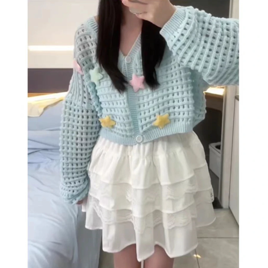 Autumn Winter New Chic Womrn V-neck Sweater Long-sleeved Top Cropped Cardigan Kawaii  Knitted Cardigan  Y2k