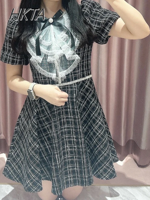 

Japanese Commuter Short Bubble Sleeve High Waist Mini Dress Women Summer Sweet Lace Bow Plaid A Line Black Short Sleeve Dress