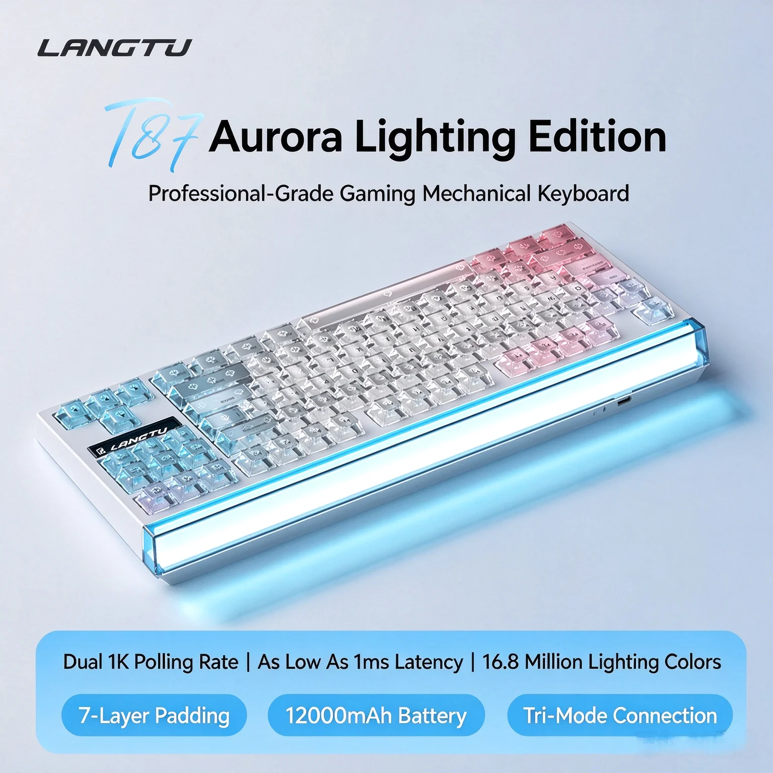 Langtu T87 Pro 8K Gaming Mechanisch Toetsenbord 0.125Ms 2.4G/USB/BT Hot-Swap RGB Lange Batterijduur Aangepaste Gasket 5-laags PC E-Sports Gamer 12000mAh Inclusief Driver Software