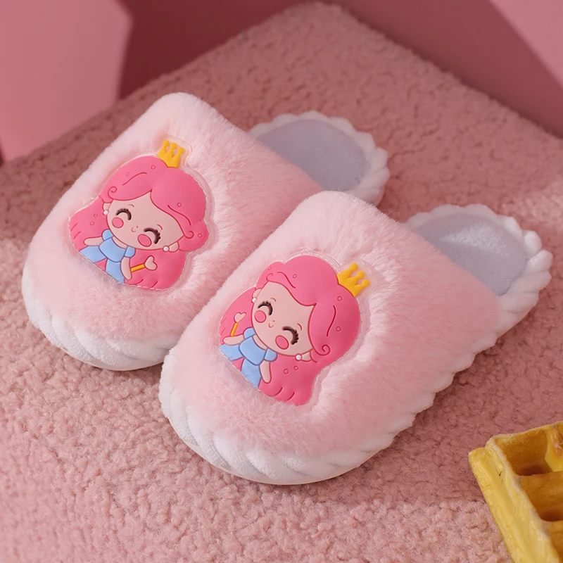 Winter Cute A Little Princess Non-slip Children\'s Plush Slippers Soft Sole Flip Flops Kids Girls Indoor Warm Home Cotton Shoes