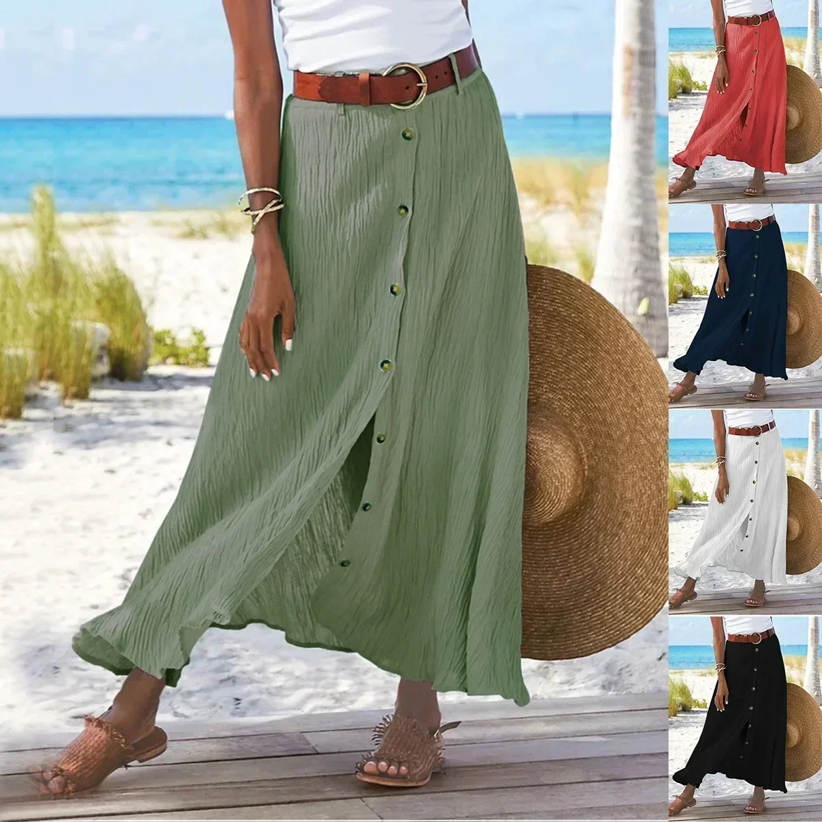 Casual A-Line Maxi Skirt for Women High Waist Front Button Split Flared Long Skirt