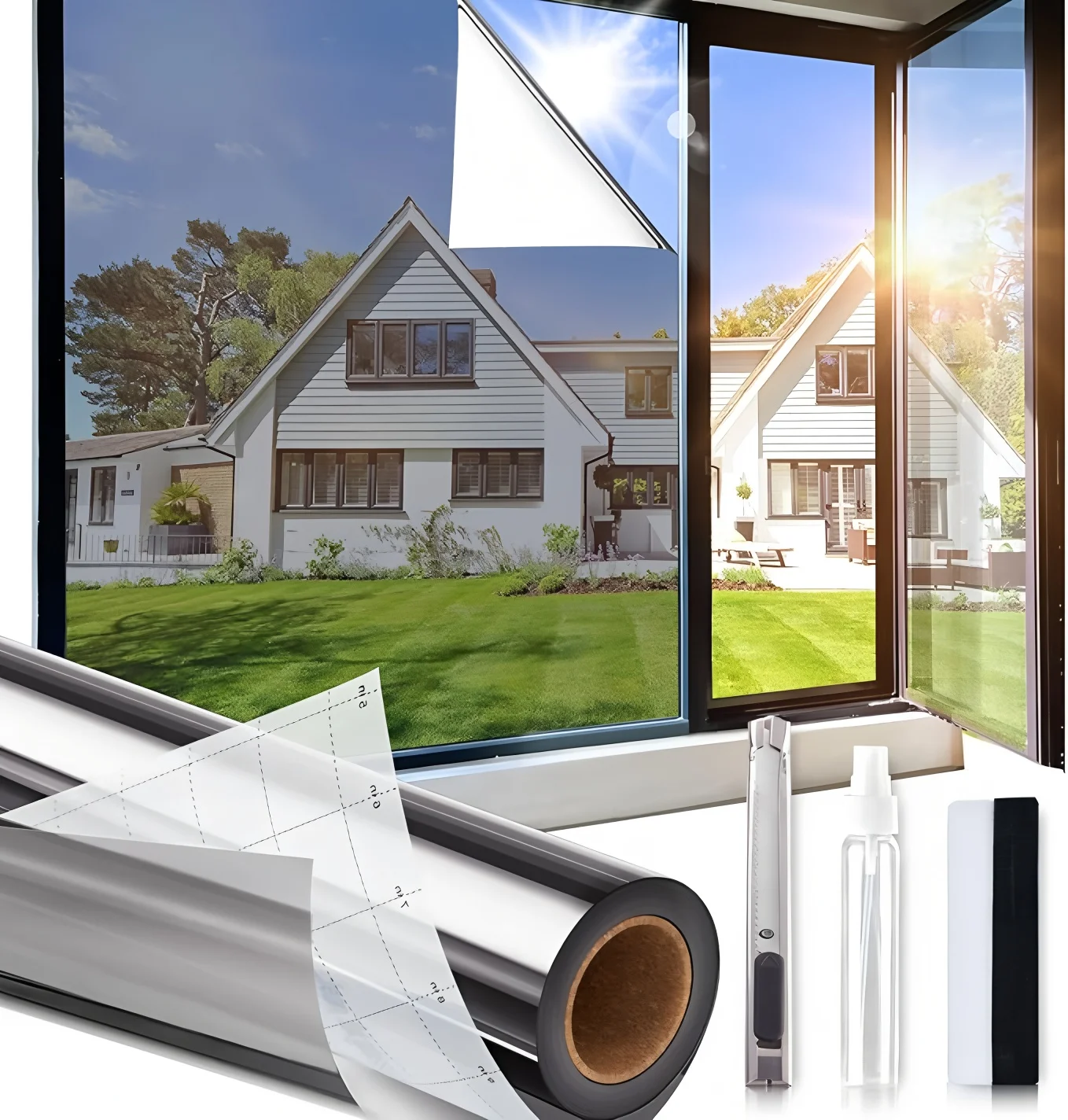 Vinyl-Glasfenster-Sichtschutzfolie Anti-Sicht Spiegelfolie Aufkleber Einseitige Sonnenschutzfolie UV-Abdeckung Nano-Silber Fensterfolie