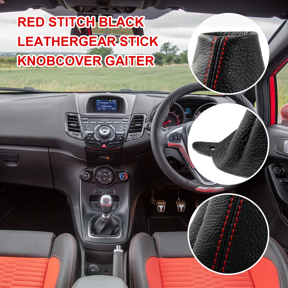 Car Red Stitch Black Leather Gear Lever Leather Sleeve Gear Stick Knob Cover Gaiter For Ford Fiesta Mk7 2008-13 Car Accessories