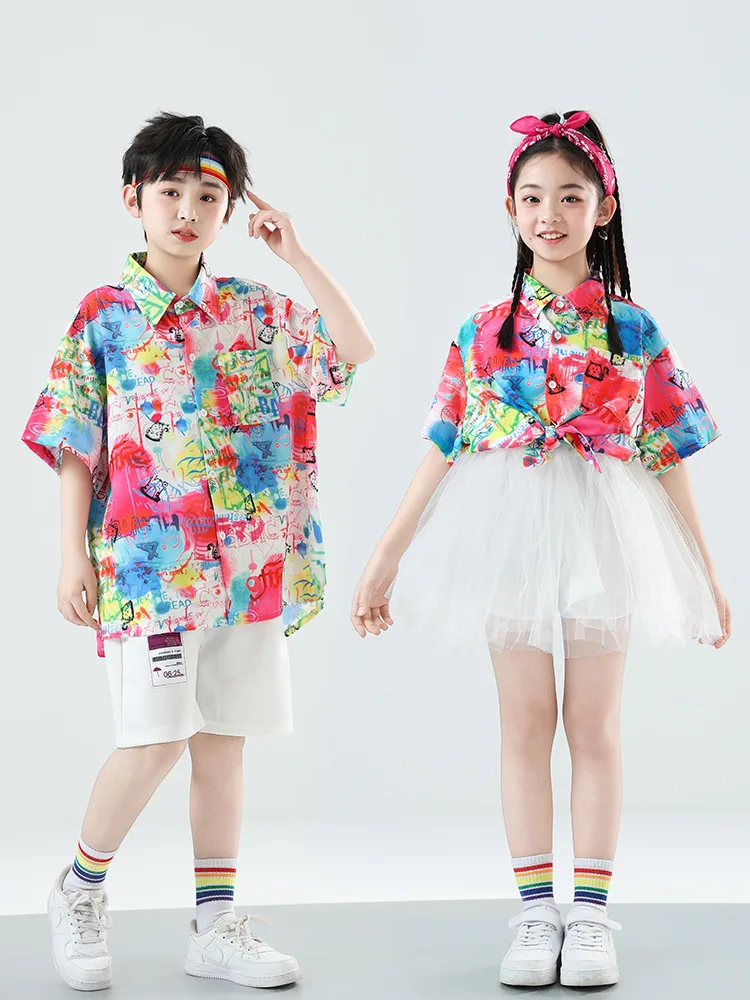 

Одежда для уличных танцев для мужчин и женщин, рубашка в стиле ретро в гонконгском стиле, комплект с граффити в стиле хип-хоп, черлидинга для девочек