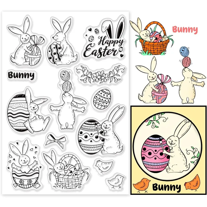 1Sheet Easter Clear Stamps Rabbit Wreath Egg Silicone Stamps Bunny Transparent Seal Stamps Film Frame Clear Stamp Seal for Paper