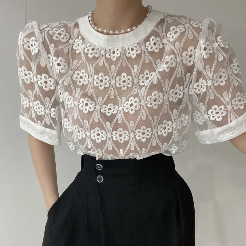 Neploe Vintage Lace Embroidery Blouses Summer See Through Mesh Shirts Women 2024 New Short Sleeve All-match Blusas Mujer