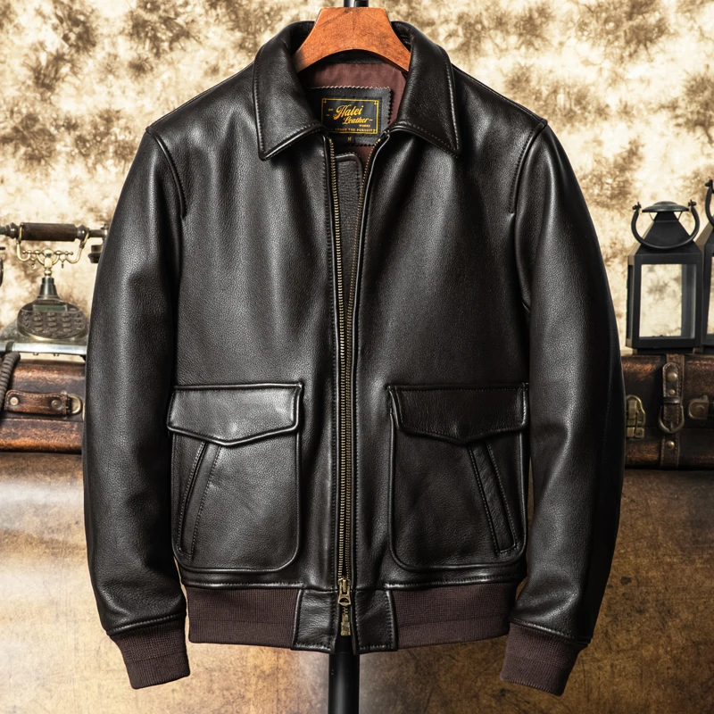 Dark Brown Autumn Pilot Leather Jacket Men Military Style Plus Size 5XL Natural Cowhide Slim Short Aviation Genuine Leather Coat