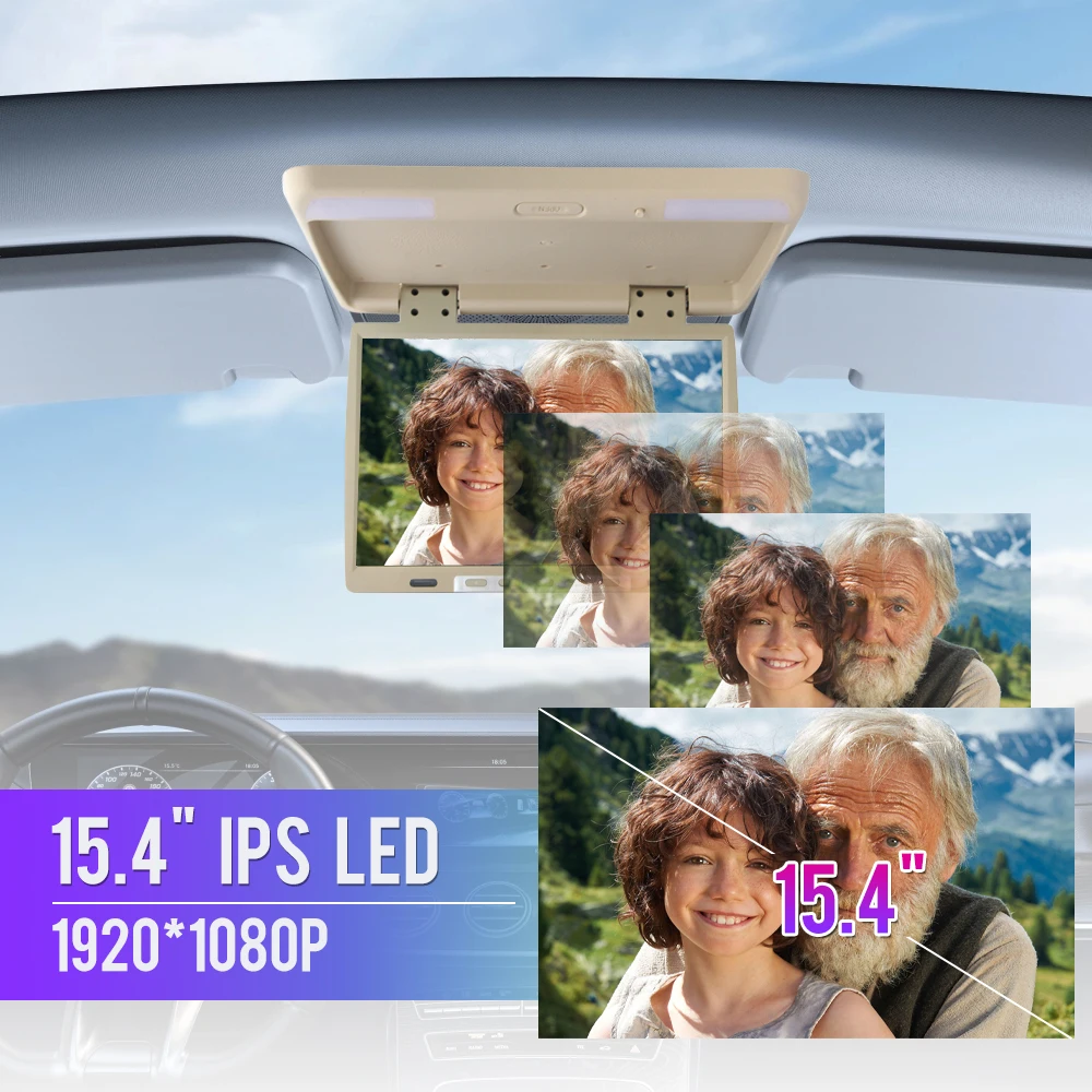 KUNFINE 15.4 Inch Car Roof Monitor LCD Flip Down Screen Overhead Multimedia Video Ceiling Roof mount Display