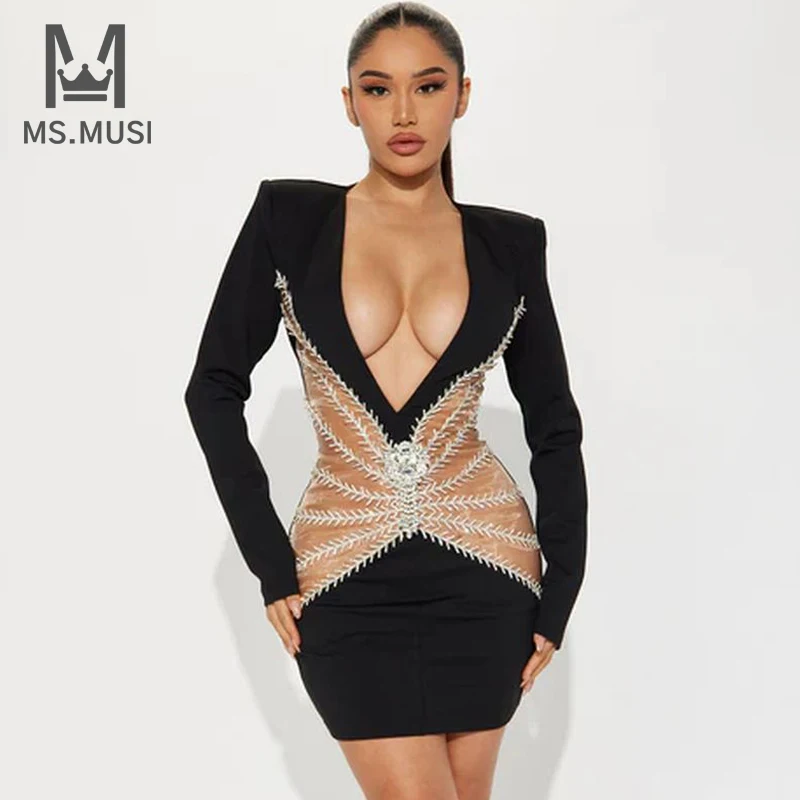 

MSMUSI 2024 New Fashion Women Sexy Diamond Crystal Sequin Lace Mesh Hollow Out Long Sleeve Bandage Bodycon Party Club Mini Dress