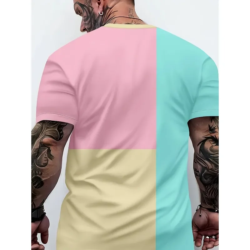 for Men Printed Crew Neck T Shirt Light Comfortable Fabric Regular Fit Bright Color Block Pattern Outdoor Sports Casual