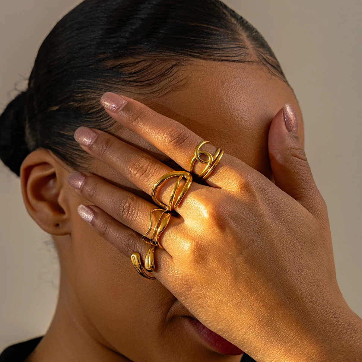 1pc Gold Plated 316L Stainless Steel Abstract Wavy, Infinity & Knot Knuckle Ring Set for Women, Adjustable Fashion Jewelry Rings