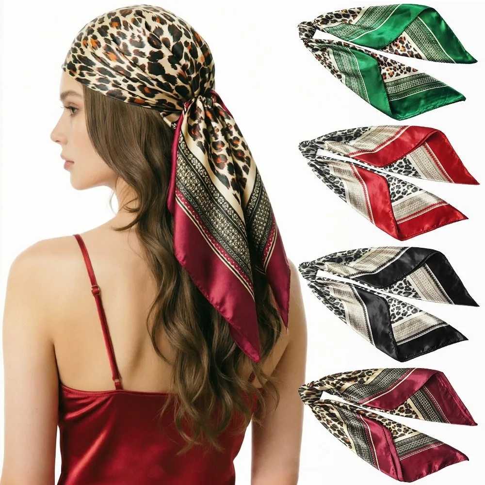 Exquisite Leopard Print Women's Head Scarf Luxury 90x90cm Silk Scarf Square Shawl Satin Paisley Bandana‌ Hair Wrap