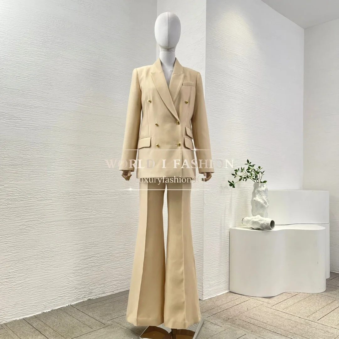 

All Season 2025 High Quality Khaki Long Sleeve Lapel Blazer Tops and Pants Set