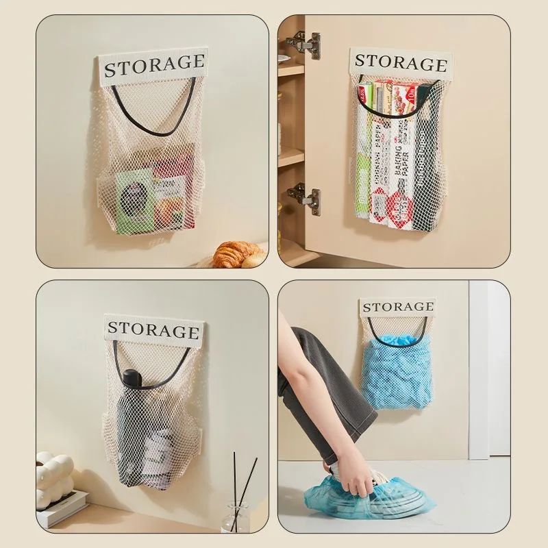 Kitchen Plastic Bag Storage Net,Wall Sticker Organizer,Pouch Bag Elastic Mesh Net with Tape Stickers,Trunk Storage for Cabinet