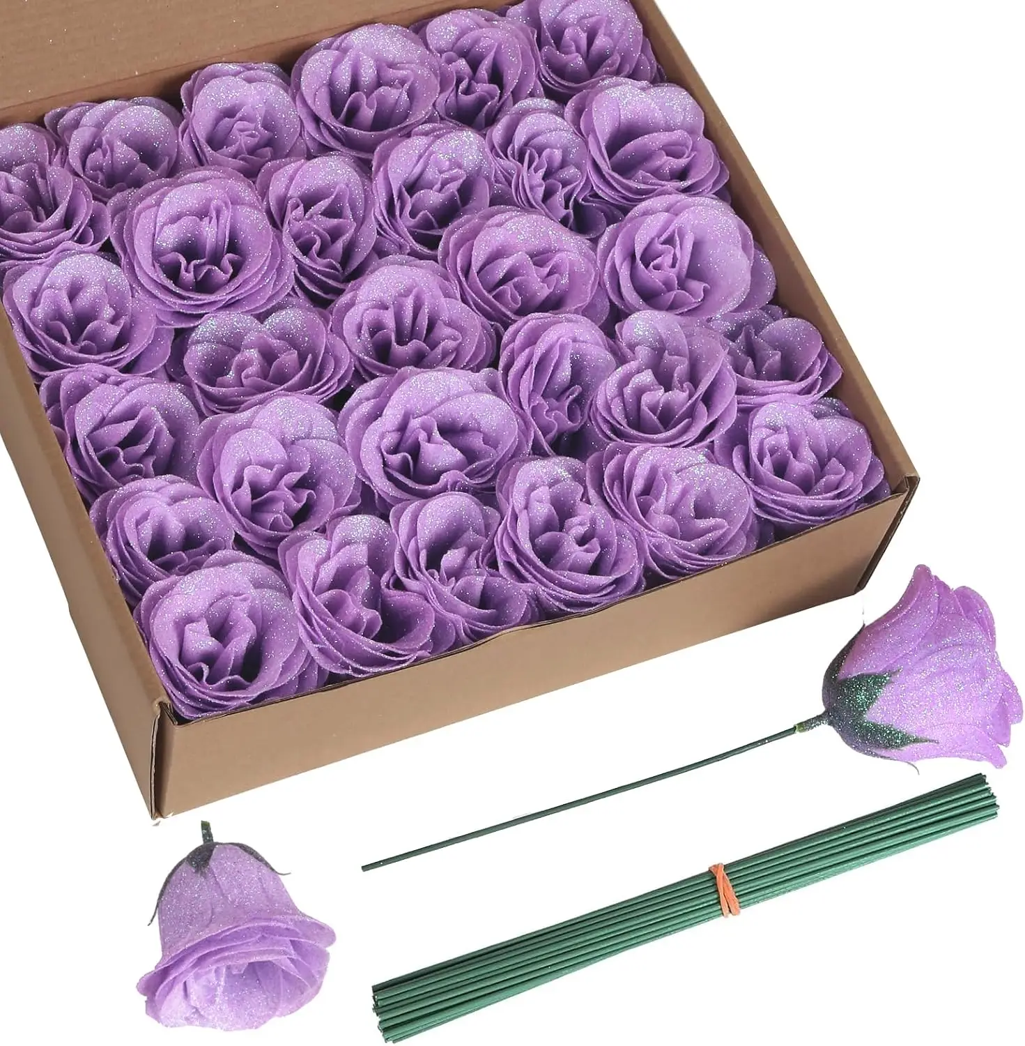 

Glitter Roses Bouquet,30PCS Fake Purple Roses Glitter Flowers for Crafts Wedding Bouquet Home Decoration(Lilac)