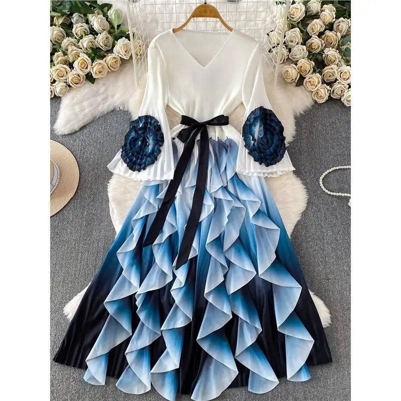 Miyake Ruffle Edge Dress Women's Spring and Autumn Waist Thin Horn Sleeves Gradual Change Color Long Temperament Wear Dress