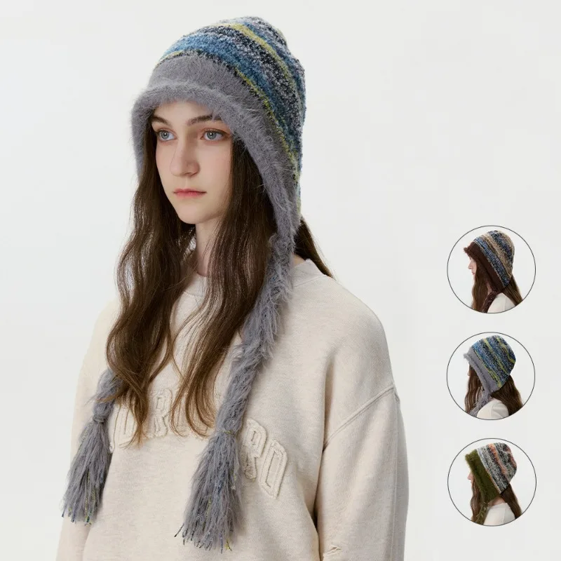 Koreanische Farbblockierte Gestreifte Strickmütze für Herbst und Winter, Warm und Ohrenschützend mit Quasten-Zöpfen, Bombermützen für Damen – Detail 1
