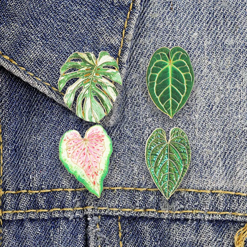 Tropische Pflanzenblatt-Emaille-Abzeichen, grünes Caladium, Monstera, Reversnadel, Natur-Metallbroschen, Schmuck, Geschenke – Detail 2