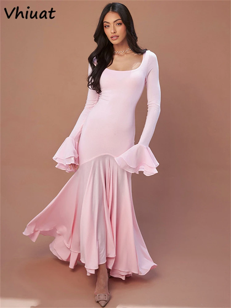 Vhiuat Sexy Long Dress Sexy Women Slim Ruffles Long Flare Sleeve Elegant Prom Party Evening Autumn Winter 2024 Vestidos Female