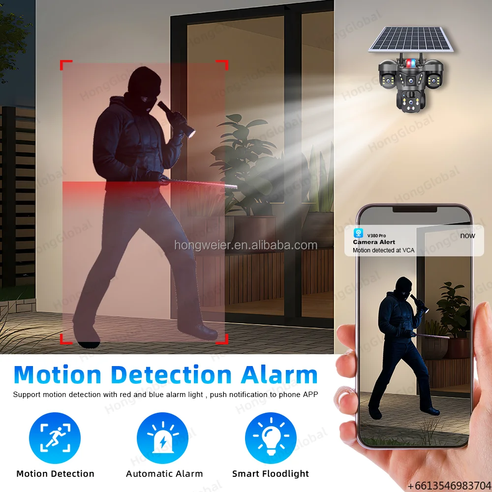 HongGlobal 12MP 6K Three Lens IP Wireless 360 Solar Powered Video WiFi Camera V380 Pro Outdoor Security 4G Sim Card Solar Camera