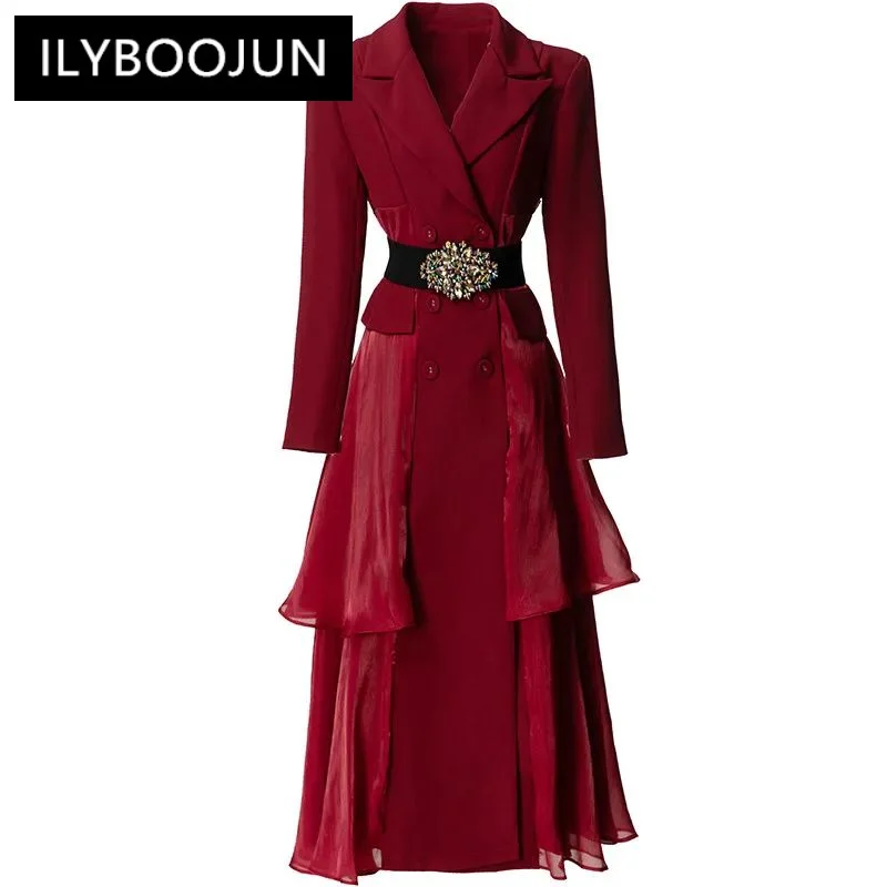 

Autumn and Winter Women's Coat Long Sleeved Notched Double-Breasted Flounced Edge Splicing Overcoat With Belt High Quality