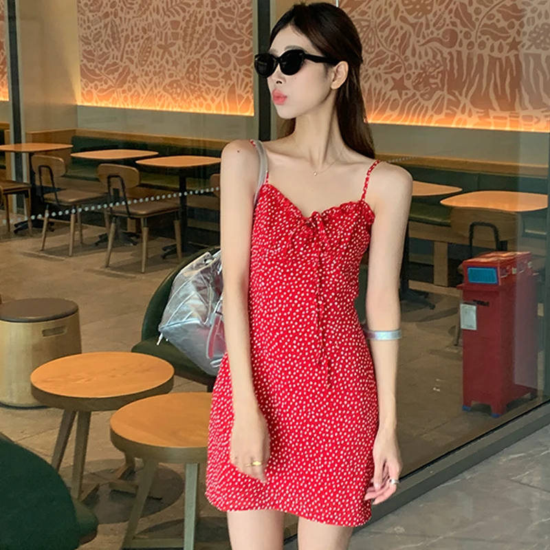 

Women Red Dresses Pritned Sleeveless Summer Holiday Daily Sling Mini Dress