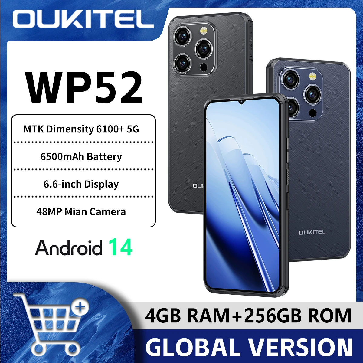 Versi Global Oukitel WP52 ponsel pintar 5G baterai 6500mAh MTK Dimensity 6100 + 16GB + 256GB 48MP kamera Android NFC