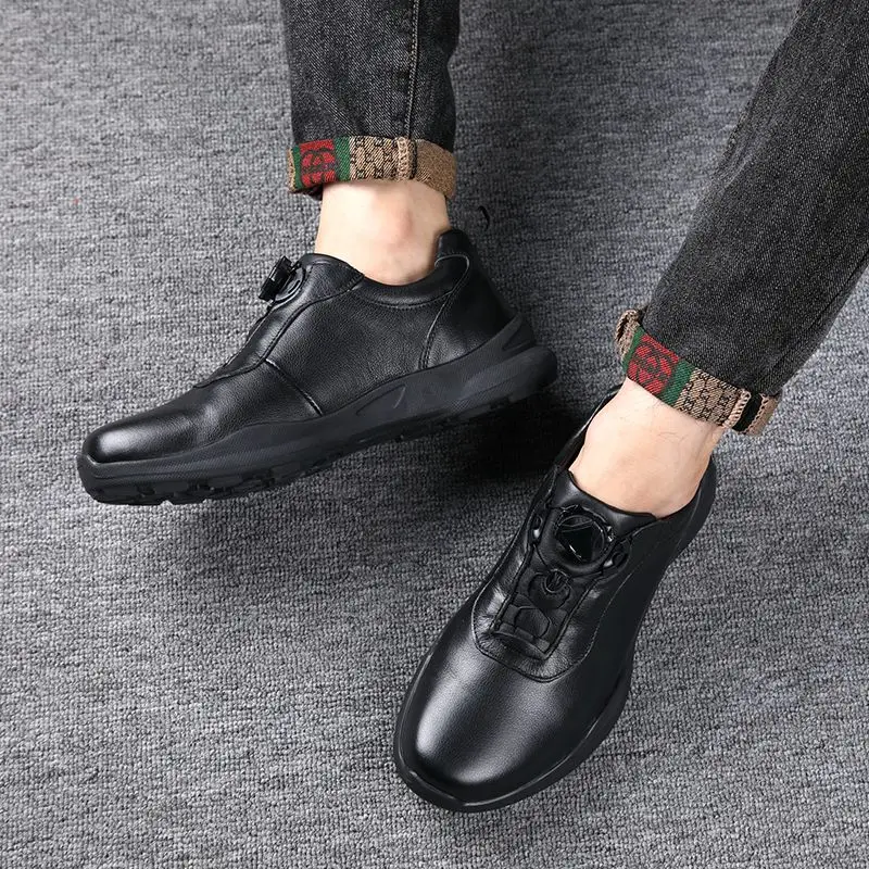 Genuine Leather Shoes Men Luxury Swivel Buckle Cowhide Sneakers Casual Sports Jogging Walking Cold Winter Add Plush Warm Fleece