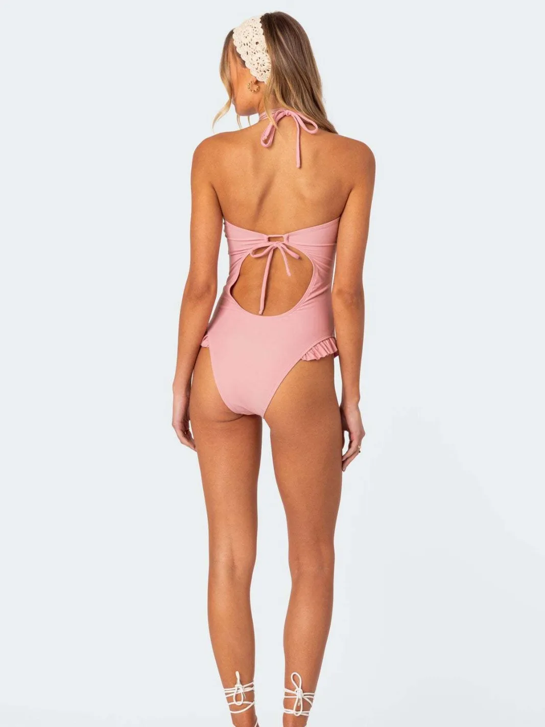 2025 Summer Solid One-Piece Bikini Sexy Tie-Front Triangle Backless Swimsuit Women's Tight Bathing Suit Women Swim Bodysuit New
