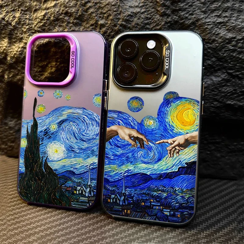 Van Gogh oil painting electroplate silver IMD phone case for iPhone 11 12 13 14 15 Pro Max 7 8 plus X XR shockproof back cover