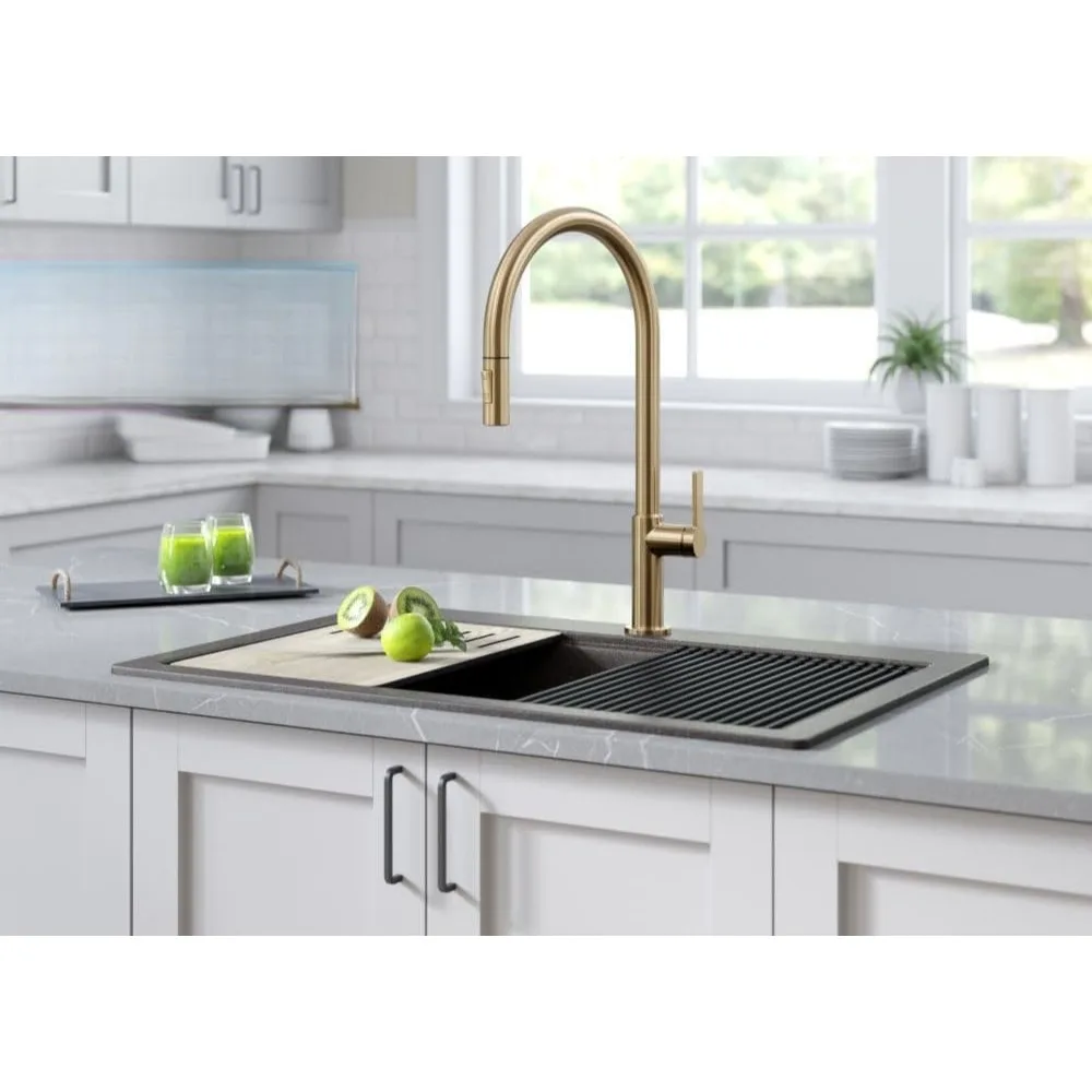 High-Arc Single Handle Pull-Down Kitchen Faucet in Spot Free Antique Champagne Bronze,‎3.5"D x 12.5"W x 20.38"H