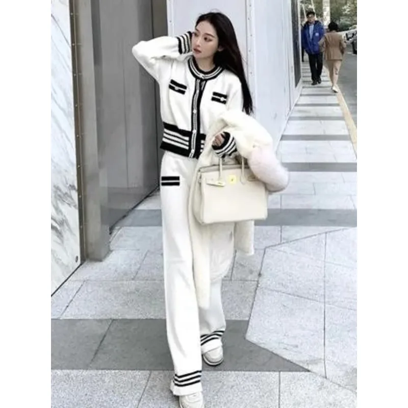 Knitted Slim Pullover Women Elegant Casual Striped Crew Neck Sweater + Office Loose Stretch Wide Leg Pants Two Piece Set N250