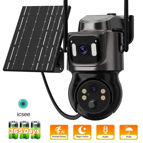 Imagen 1 del producto Cámara Solar WiFi 4K HD para exteriores, batería integrada, lente Dual, cámara de seguridad 2K, Panel Solar, videovigilancia inalámbrica CCTV iCSee