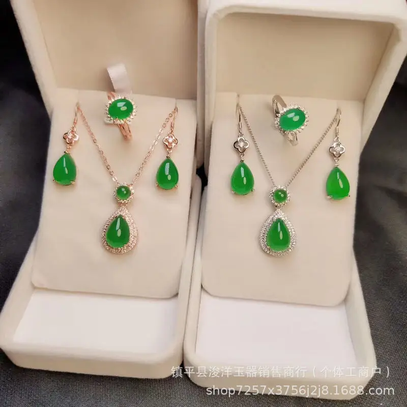Silver-plated chalcedony pendant, teardrop-shaped necklace, ring, earrings, chalcedony earrings, live streaming supply